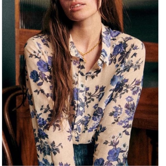 SEZANE NWT Blue & White Floral Printed Lightweight Silk Button Down Pierro Shirt - Picture 3 of 15